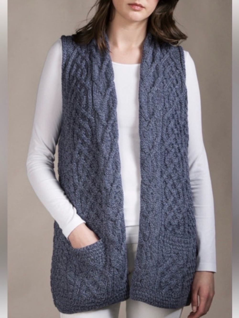 Aran Sweater Market cable vest, Merino Wool, blue, Women’s XL made in Ireland